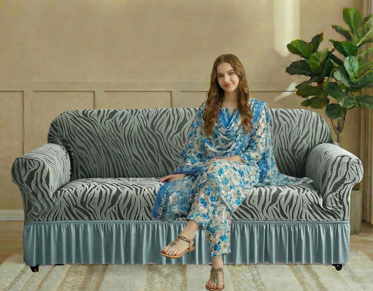 Zebra Velvet Turkish Sofa Cover - Green