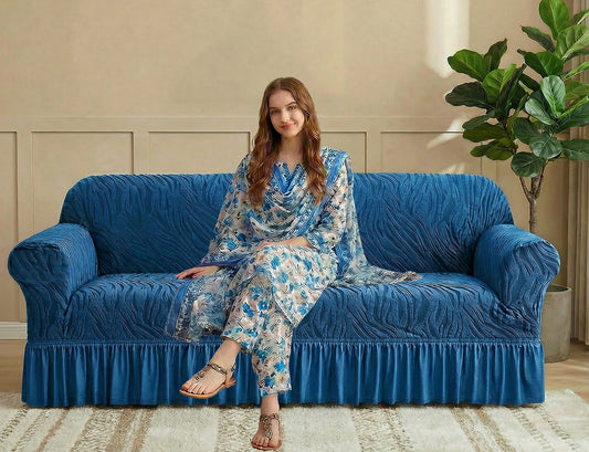 Zebra Velvet Turkish Sofa Cover - Blue