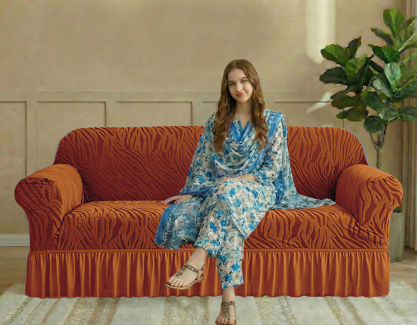 Zebra Velvet Turkish Sofa Cover - Copper Brown